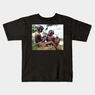 colorized vintage photo of Maasai doing hair Kids T-Shirt